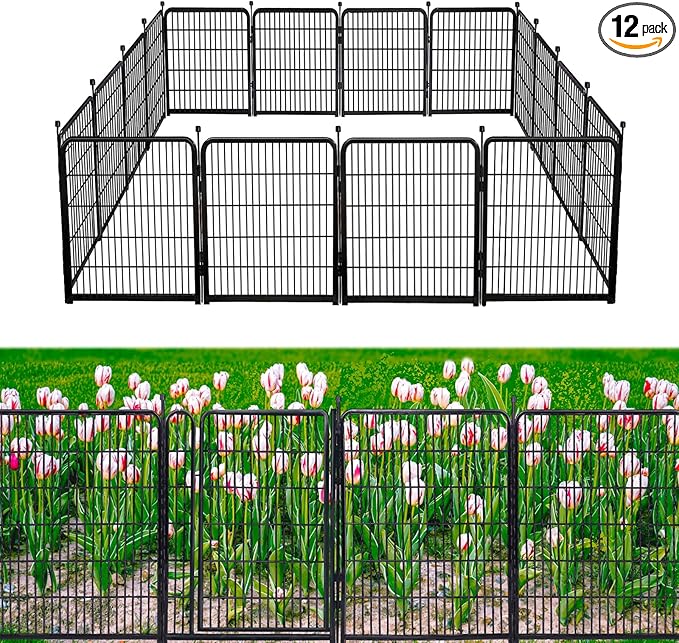 Garden Fencing 48in High No Door, 12 Panels Total 26.6Ft(L) Dog Fence Outdoor for Yard. Black Metal Fencing for Yard 4ft Tall, Flower Bed Fence, Animal Barrier Fences