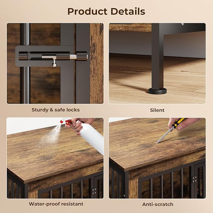 63 in Dog Crate Furniture for 2 Large/Medium Dogs with Removable Divider, Extra Large Double Doors Dog Kennel, XXL Thick Wooden Dog Cage Furniture,Sturdy and Durable, Brown