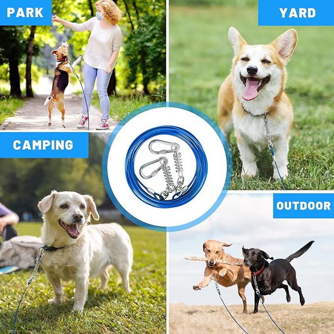 Dog Tie Out Cable 10/15/20/25/30FT Dog Run Cable Rosy Pink/Blue/Purple/Silver/Red/Green/YellowTie Out Cable for Large Dogs Heavy Duty for Outside Hold Large Dogs Up to 250LBS