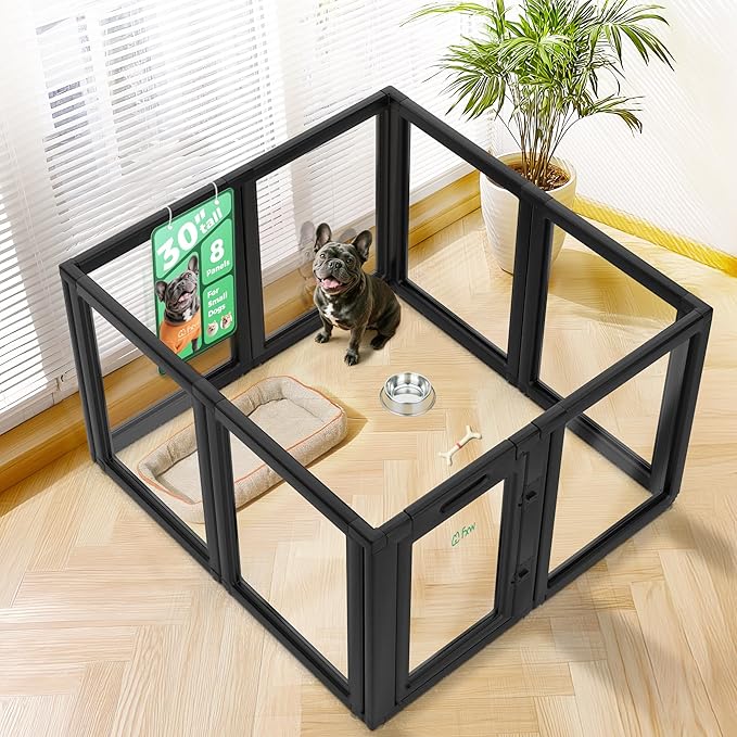 FXW AuraSpace Acrylic Indoor Unleashed Dog Playpen for Small and Medium Dogs, 30 Inch, 8 Panels, Black