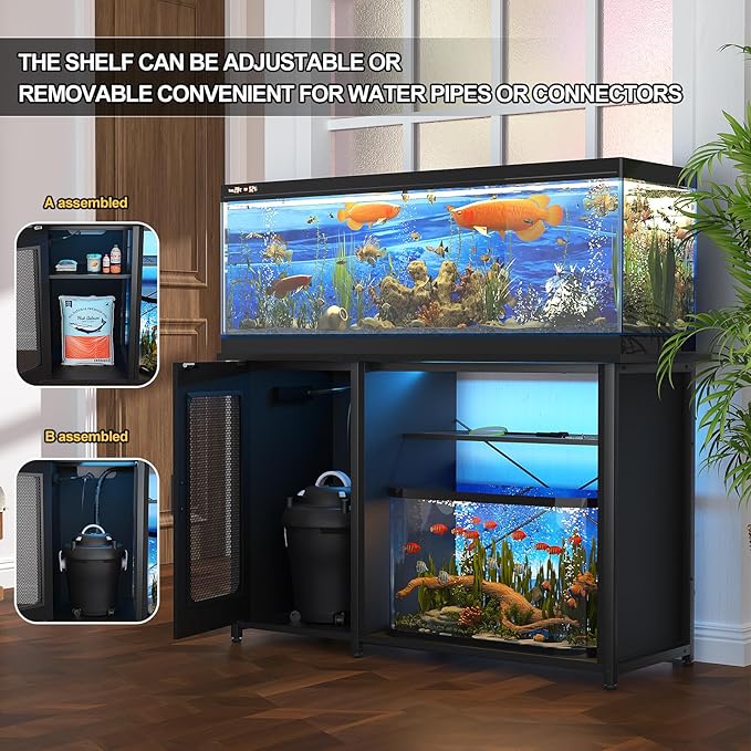 55-75 Gallon Fish Tank Stand with Power Outlets & LED Light, Reversible Heavy Duty Metal Aquarium Stand with Cabinet for Fish Tank Accessories Storage, Turtle/Reptile Terrariums, Black