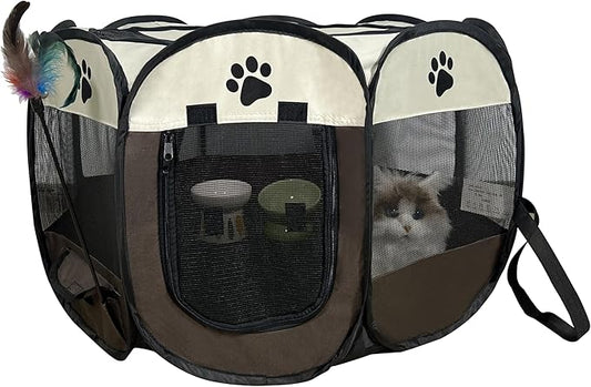 Cat Playpen for Indoor and Outdoor Cats Collapsible Enclosed, Portable Cat Tent, Cat, Puppy Crate Cage (Coffee, Medium, Octagon)