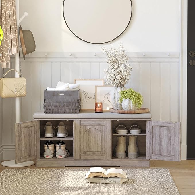 DINZI LVJ Shoe Bench, Entryway Storage Bench with Doors, Cushion, 2-Tier Shoe Rack with 6-Cubby, 39.4”L x 13.8”W Shoe Organizer Cabinet, Adjustable Shelf, Living Room, Bedroom, Greige