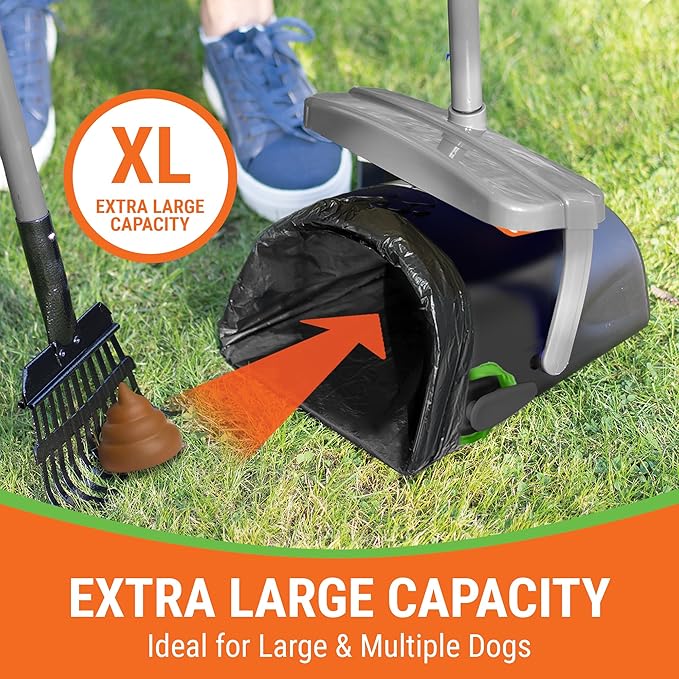 Dog Pooper Scooper with Bag Attachment, 40" Long Handle Pooper Scooper for Large Dogs, Dog Poop Scoop for Yard, Large Capacity Swivel Bin and Rake, Lavender Scented Bags (Grey)