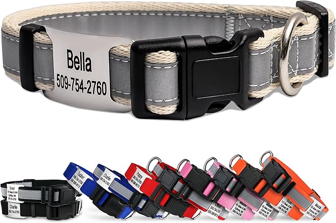 GoTags Reflective Personalized Dog Collar with Nameplate, Adjustable Dog Collar with Custom Engraved Steel Slide On Pet ID Tag, Silent, No Noise Dog Tag for Large Medium or Small (Beige, Large)