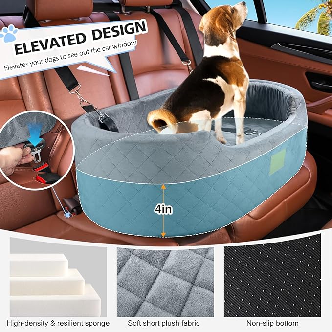Dog Car Seat for Medium & Large Dogs up to 55 lbs, Elevated Booster Seat with Anti-Slip Base, Detachable & Machine-Washable Pet Car Bed for SUV/Sedan (Gray)