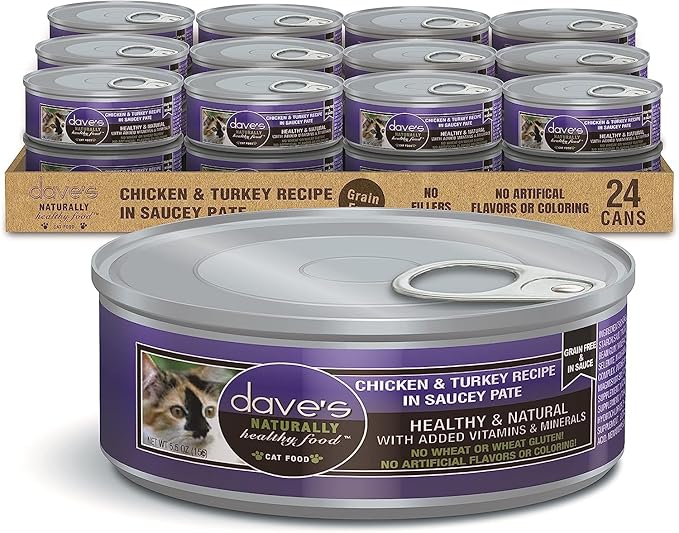 Dave's Pet Food Grain Free Wet Cat Food (Chicken & Turkey Saucey Pate), Naturally Healthy Canned Cat Food, Added Vitamins & Minerals, Wheat Free, 5.5 oz (24 Pack)