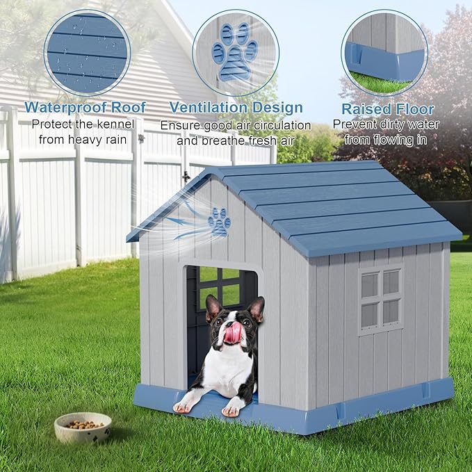 Dog House Indoor Outdoor for Small to Large Sized Dogs Resin Outdoor Dog House with Ventilation Puppy Shelter with Elevated Floor, Easy to Assemble, Blue