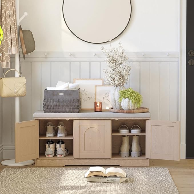 DINZI LVJ Shoe Bench, Entryway Storage Bench with Doors, Cushion, 2-Tier Shoe Rack with 6-Cubby, 39.4”L x 13.8”W Shoe Organizer Cabinet, Adjustable Shelf, Living Room, Bedroom, Natural