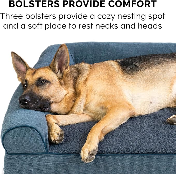 Furhaven Cooling Gel Dog Bed for Large Dogs w/ Removable Bolsters & Washable Cover, For Dogs Up to 125 lbs - Sherpa & Chenille Sofa - Orion Blue, Jumbo Plus/XXL