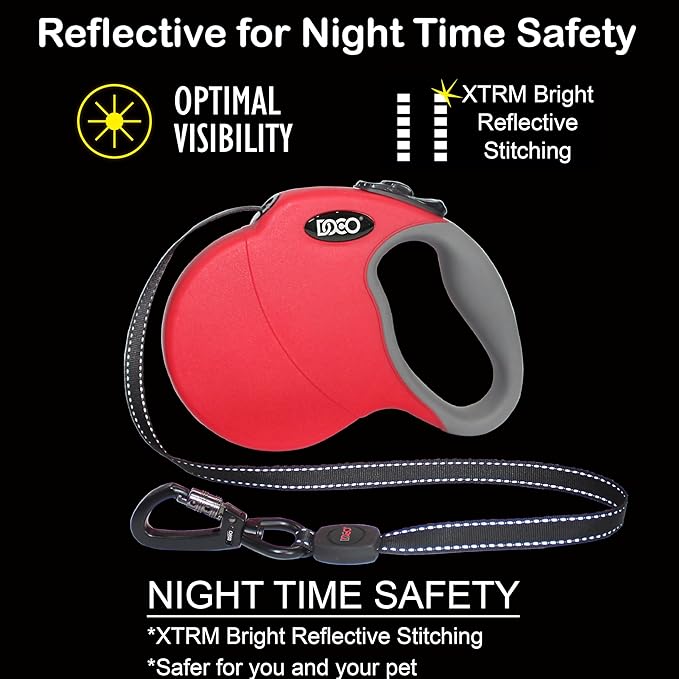 DOCO Retractable Dog Leash for Large Dogs (Length - 13ft, Weight - Upto 22lb) Reflective Tape Lead with Stop and Lock Control, Tangle Free 360° Swivel Snap & Anti-Slip Grip (Red, Small)