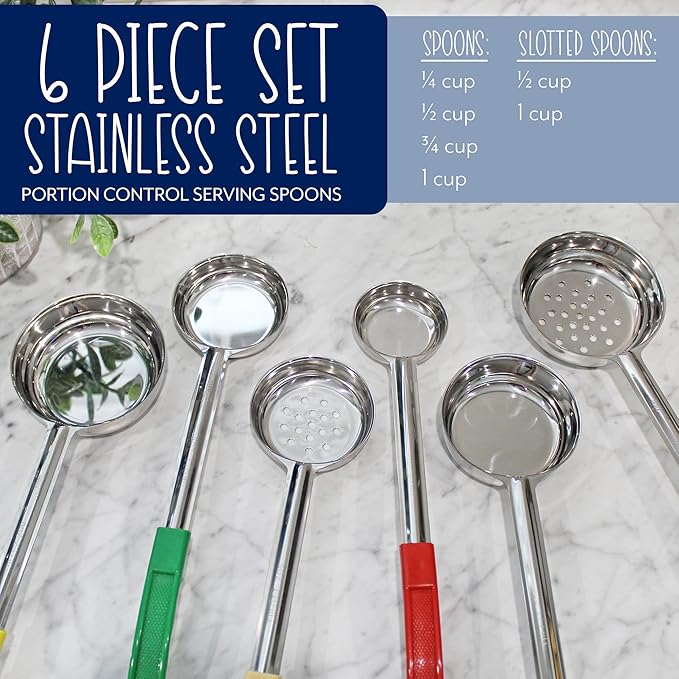 Darware Portion Control Serving Spoons (6-Piece Ladle Set); w 1/4 Cup, 1/2 Cup, 3/4 Cup & 1 Cup (2, 4, 6, 8 oz) & 1/2 & 1 Cup Utensils/Spoodles