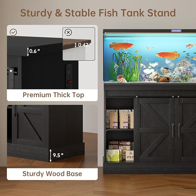55-75 Gallon Fish Tank Stand with Sliding Barn Doors & Power Outlet, Heavy Duty Aquarium Stand with Cabinet Storage for Fish Tank, Turtle Tank, Reptile Terrarium, 1000LBS Capacity, Black