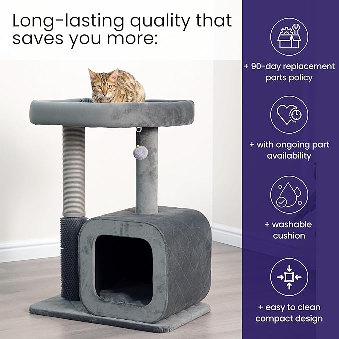 Catry 30" High 3 Level Modern Cat Tree with Large Base Condo,Removable Washable Top Bed, Recycled Paper Scratching Post, Self Grooming Brush, for Small Medium Cat(Dim Gray)