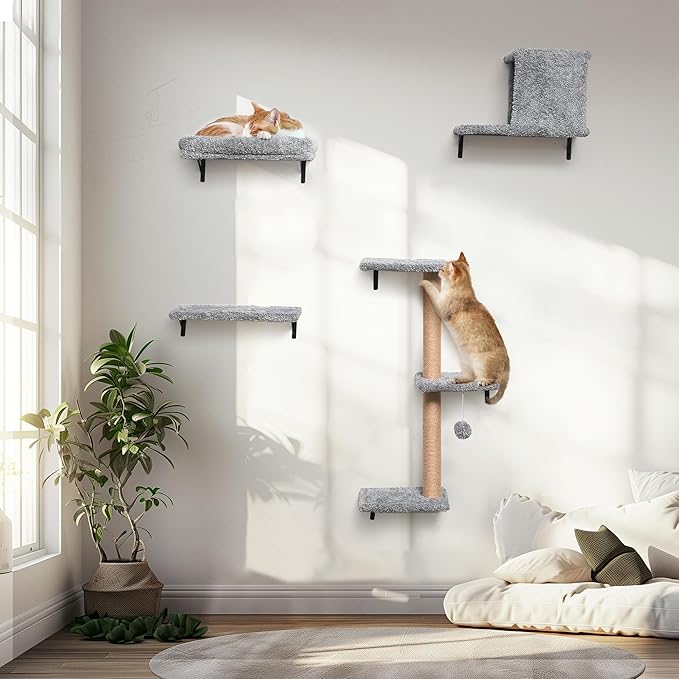 FUKUMARU Cat Wall Shelves, Stable & Safe 4 in 1 Cat Furniture Set, Wooden Climbing Wall with Scratching Post for 16 Inch Drywall - Light Gray
