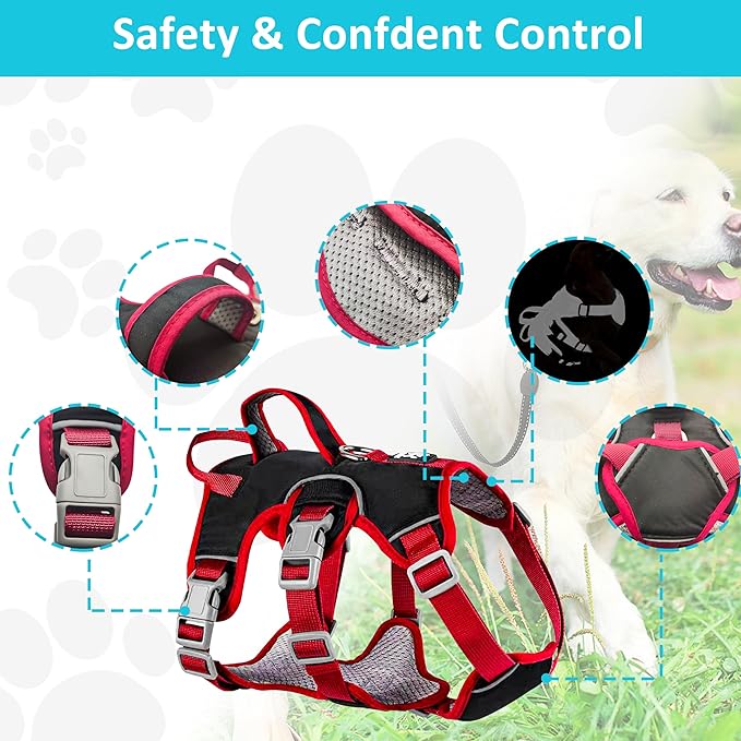 Escape Proof Dog Harness, No Pull Reflective Adjustable Vest with Easy Control Lift Handle, No Choke Soft Padded Breathable Full Body Pet Harness for Walking Hiking and Training (Red, Small)
