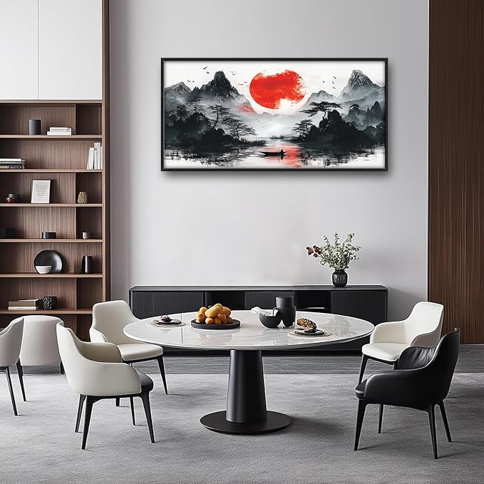 Framed Large Japanese Mountain Wall Art for Living Room, Oversized Asian Red Sun Lake Landscape Wall Decor Nature Canvas Painting Home Decoration for Living Room Bedroom Office 60"x30"