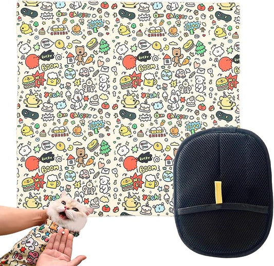 27.6x27.6 Cat Wrap for Cutting Nails, Cat Grooming Wrap with Pet Hair Removal Glove, Cats Restraint for Nail Clipping Ear Cleaning Teeth Brushing