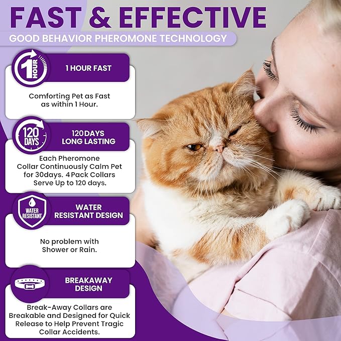 Calming Collar for Cats: Pheromone-Infused Behavior Support, Long-Lasting 30-Day Effect, Adjustable & Waterproof, 4-Pack (Purple)