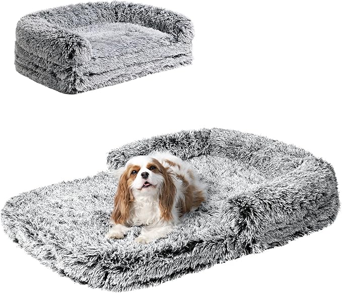 EHEYCIGA Foldable Dog Bed, Faux Fur Fluffy Dog Couch Bed, Orthopedic Calming Memory Foam Pet Bed for Small Dogs, Washable Soft Warm Pet Sofa Bed with Non-Slip Bottom, Faded Black, 40"x30"x6"