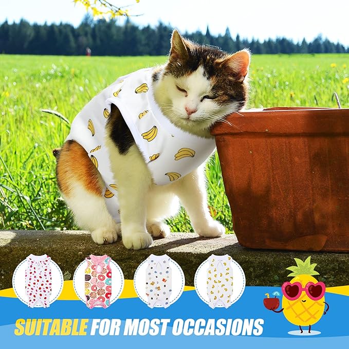4 Pieces Cat Recovery Suits Body Wraps Breathable Kittens Recovery Clothes for Cats Small Dogs Abdominal Weaning(Banana, Football, Strawberry, Donut,L)