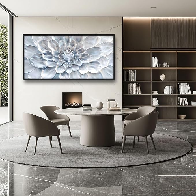 Abstract Flower Large Wall Art White Silver Floral Pictures Wall Decor Neutral Canvas Print Painting Artwork for Bathroom Living Room Bedroom 60L" x 30W"