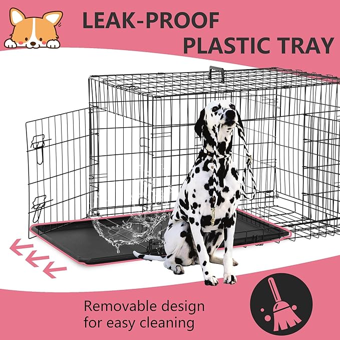 FDW Extra Large Dog Crate Dog Kennel Cage with Double Door,48 inch Folding Metal Wire Dog Cage with Removable Tray&Divider Panel,Pet Crate for Large Dogs,Black