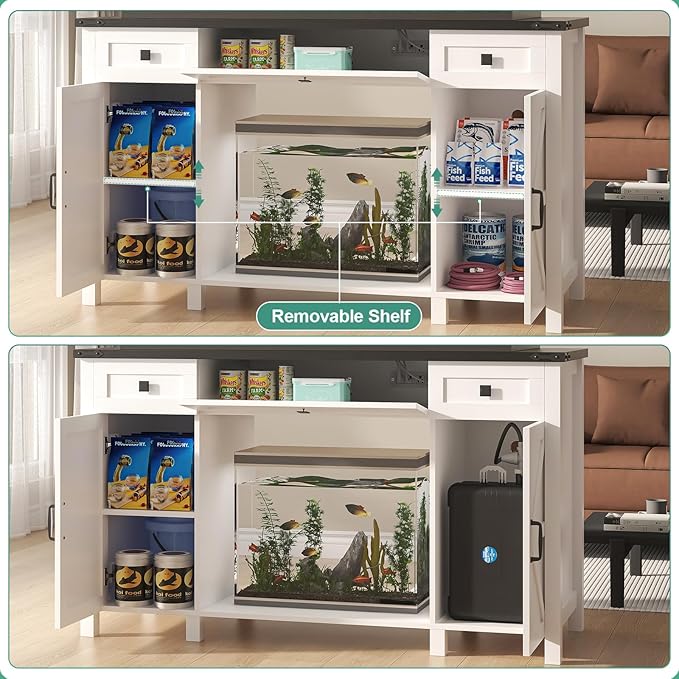 55-75 Gallon Aquarium Stand With Charging Station, Farmhouse Fish Tank Stand, Reptile Tank Stand Terrarium Stand with Drawer and Cabinet Storage, Sturdy Heavy Duty 53.5"×19.7" Tabletop - White