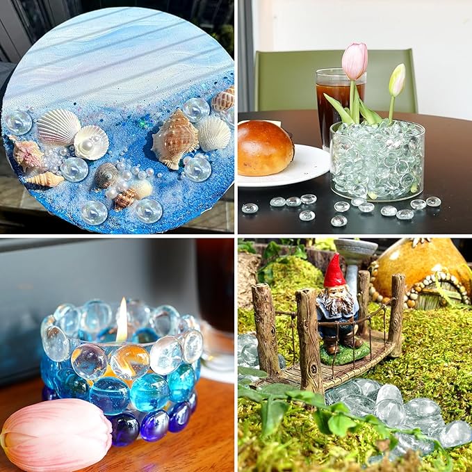 2LB Clear Flat Glass Marbles for Vases, Gemstone Beads Vase Filler Decorative Glass Pebbles for Fish Tank, DIY Crafts, Aquarium Decor Rocks