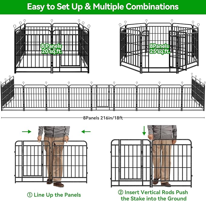 Dog Playpen Outdoor 8 Panels Heavy Duty Dog Fence 47" Height with Thick Pipe Anti-Rust with Doors Portable for RV Camping Yard, Total 18FT, 25 Sq.ft, Snowy Black