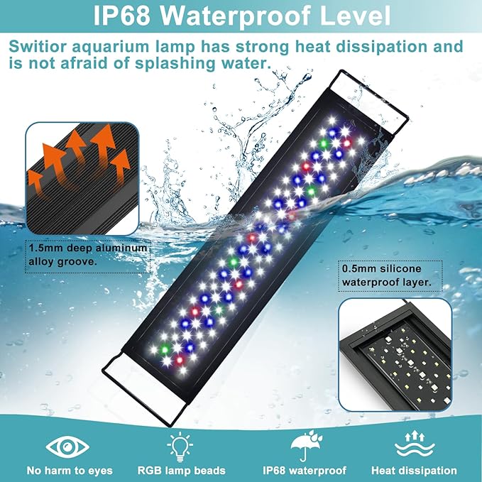 24/7 LED Aquarium Light, IP68 Waterproof Extendable Bracket Fish Tank Light with Timer, 7 Colors, 10 Level Adjustable Brightness, DIY Mode Full Spectrum Aquarium Plant Light for 18-24 Inch Fish Tank