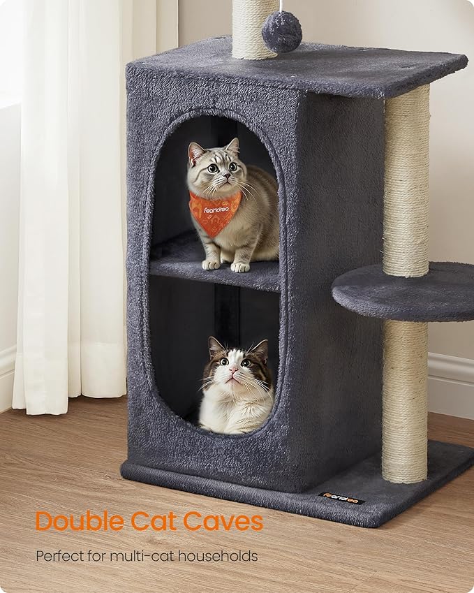 Feandrea Cat Tree Tower with 2 Caves for Multi-Cat Households, Kittens, Scratching Posts, Dark Gray UPCT005G02