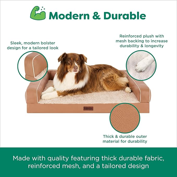 FurHaven Orthopedic Dog Sofa Bed – Memory Foam Couch with Bolsters, Textured Plush & Water-Resistant Cover, Washable Cover, Joint Support - Camel, Large