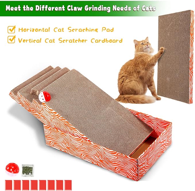 Cat Scrather Box with 4 pcs Large Scratching Cardboard and Toy Ball, Catnip, 4 in 1 Large Refillable & Reversible Cat Scratcher Pad, Cardboard Cat Bed for Big Medium Small Lazy Kitty