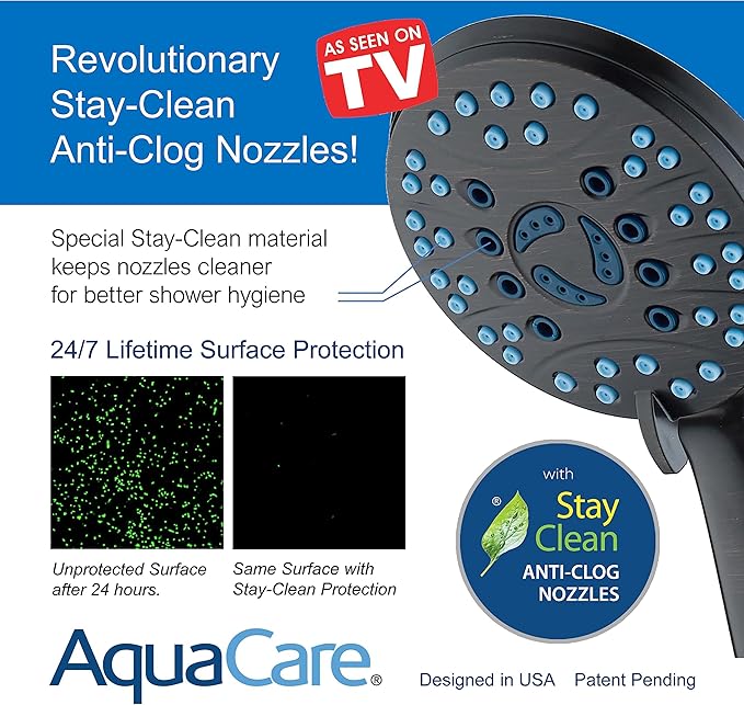 Hotel Spa AquaCare As-Seen-On-TV High Pressure 48-setting Rain & Handheld 3-way Shower Head Combo - Anti-clog Nozzles/Tub, Tile & Pet Power Wash/Extra Long 6 ft. Hose/Matte Black Finish