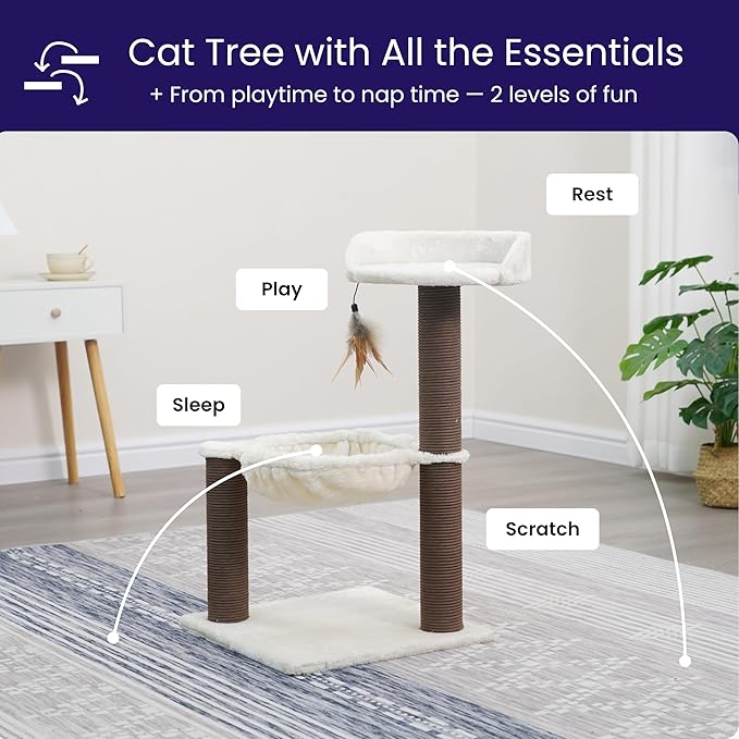 Catry Nirvana 3-Level Kitten Tree with Plush Perch, Soft Hammock, and Paper Rope Scratching Posts, Minimalist Cat Furniture for Climbing, Scratching & Resting, Ideal for Kittens & Small Cats, Beige