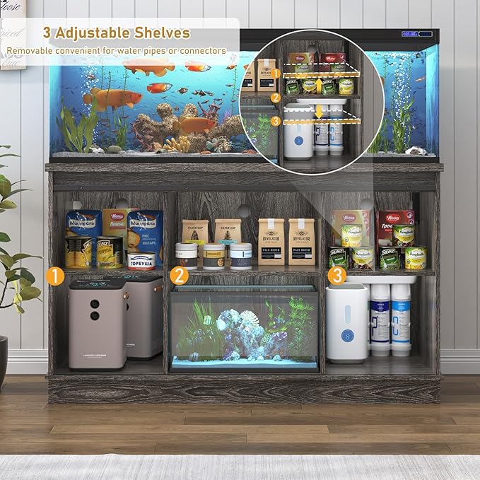 Farmhouse 55-75 Gallon Fish Tank Stand with Power Outlet, Aquarium Stand with Cabinet&Sliding Barn Door, Heavy Duty Reptile Tank Stand for 2 Fish Tank/Turtle Tank/Reptile Terrarium, Grey