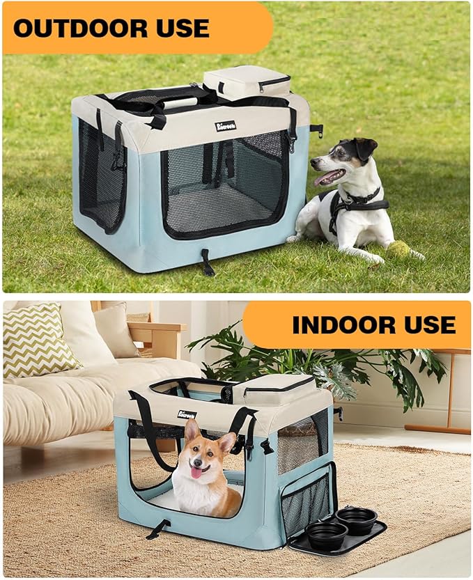 Extra Large Dog Crate with 2 Foldable Bowl, 40 Inch Collapsible Travel Dog Crate Kennel with Soft Blanket for Medium Dogs,Indoor & Outdoor (40" L x 27" W x 27" H, Blue)