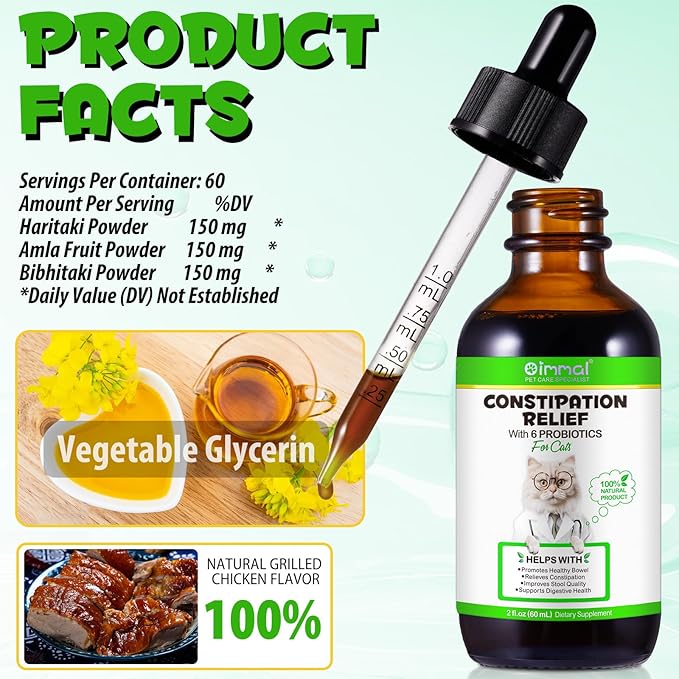 Cat Constipation Relief, Liquid Drops Supports Laxative Relief, Cat Herbal Supplements, Stool Softener Laxative Constipation Relief, Chicken Flavour- 60ml / 2 fl.oz(2PCS)