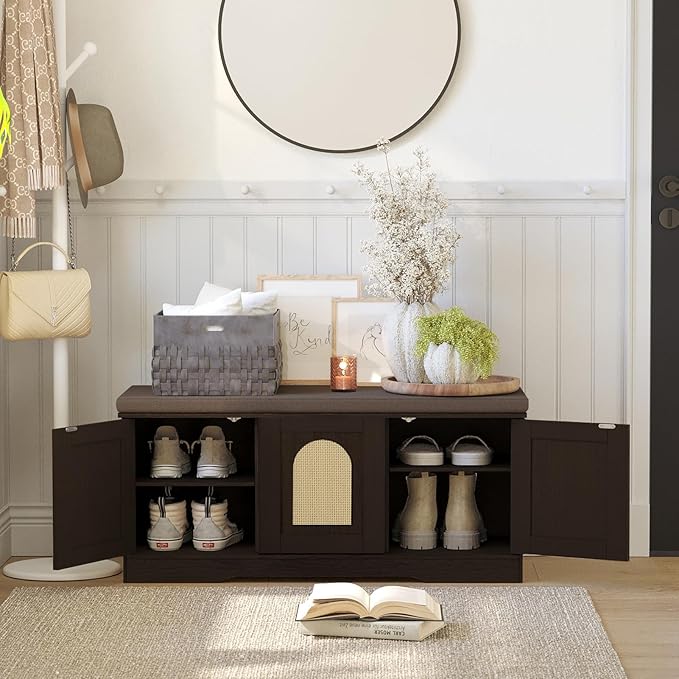 DINZI LVJ Shoe Bench, Entryway Storage Bench with Doors, Cushion, 2-Tier Shoe Rack with 6-Cubby, 39.4”L x 13.8”W Shoe Organizer Cabinet, Adjustable Shelf, Living Room, Bedroom, Espresso with Rattan