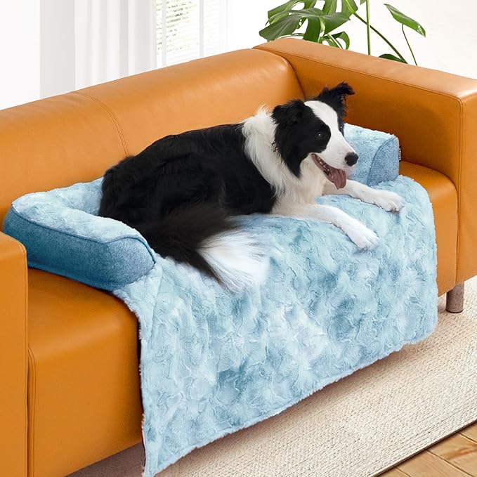 Calming Extra Large Dog Couch Bed for Dogs, 45 x 37 inch Waterproof Removable Pet Mat Couch Cover for Furniture Protector, Non-Slip Fluffy Pelsbarn Dog Bed for Couch, Sofa, Car - Tie-Dye Blue