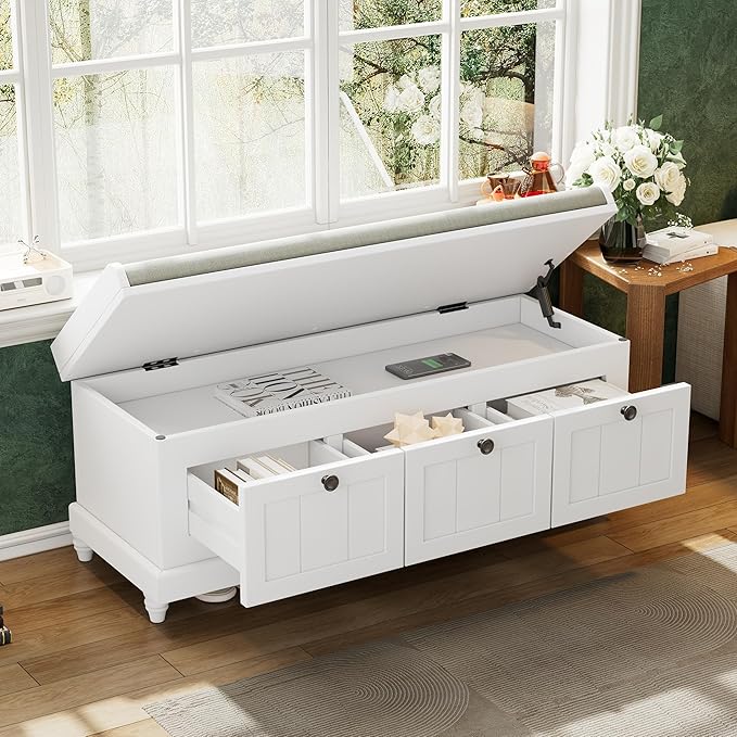 Classic Shoe Storage Bench with Cushion and Three Drawers, Fluted Entryway Bench with Storage for Entryway, Living Room, Hallways 44.0" L x 15.9" W x 18.9" H White