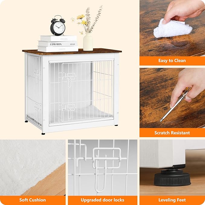 DWANTON Dog Crate Furniture with Cushion, Wooden Kennel Table with Double Doors, Indoor Dog House, Small/Medium/Large Size, 27.2" L, White+Rustic Brown