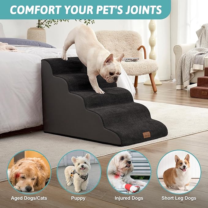 Extra Wide Dog Stairs 19.7" Width, Large Pet Step for Small Medium Dog, Puppy or Cat, Ramp for High Bed or Car, High Density Foam Ladder, Stable, 5 Step, 19.7x33x22.4 inch, Black