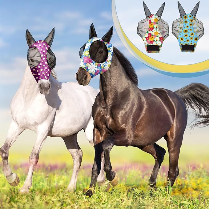 Frienda 4 Pieces Horse Fly Masks with Ears Face Covering UV Protection from Insect Pests Elasticity Smooth Comfortable Mesh Horse Mask Accessories(Flower,Medium)