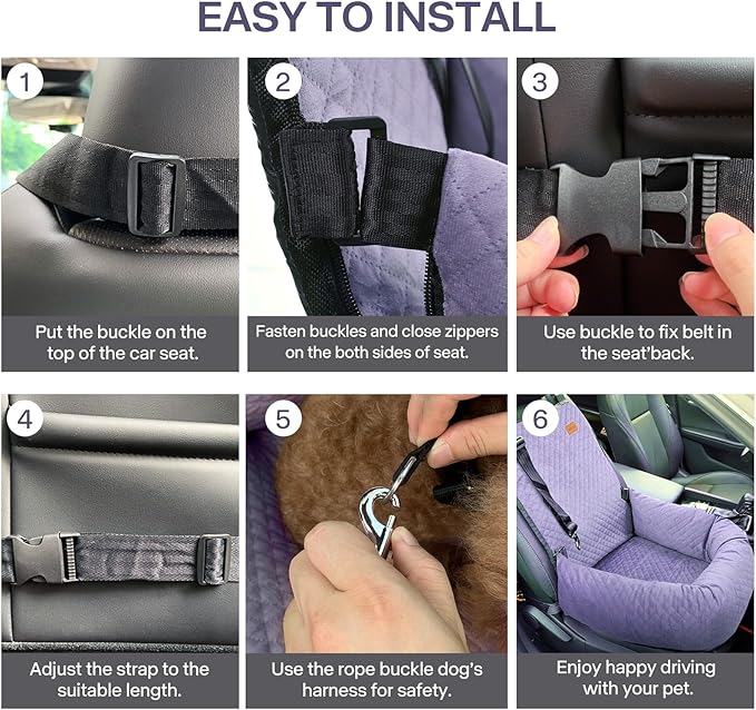 Dog Car Seat for Small Medium Dogs Up to 40lbs, Detachable Washable Soft Pet Booster Travel Bed for Front & Purple Seat with Safety Leash Belt