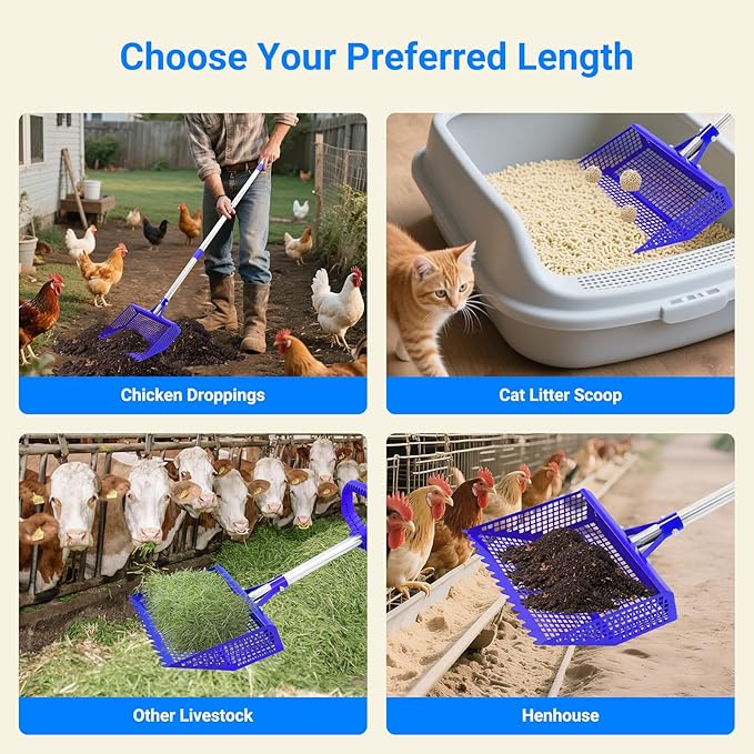 Chicken Poop Scooper Rake 2-in-1, Metal Shovel Head Chicken Coop Accessories, Adjustable 304 Stainless Steel Handle, Litter Scooper Sand Sifting for Chicken Coops Small Farm Animals(36" to 62")