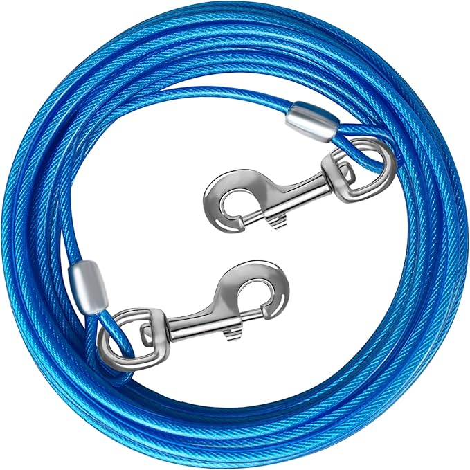 Dog Tie Out Cable - 10/15/20/25/30 FT Blue Steel Wire Cable with Durable Clips - Large Dog Lead for Outside Use - Up to 165 lbs