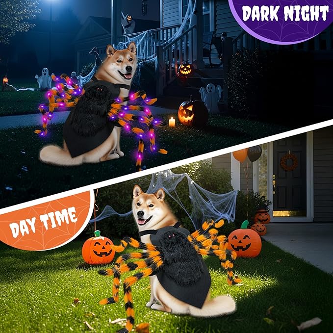 Dog Halloween Costume Large Breed, Furry Dog Spider Costume with 64 LED, Funny Halloween Dogs Costumes for Large Dogs Medium Pet Halloween Party Cosplay (Orange)