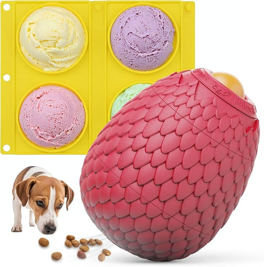 Enrichment Frozen Treat Toy for Dogs - 2-in-1 Dog Licking Toy & Dispensing Dog Puzzle Toy, Fillable Rubber Interactive Toy, Keeps Them Busy, Reduces Anxiety, Safe & Easy to Clean Red